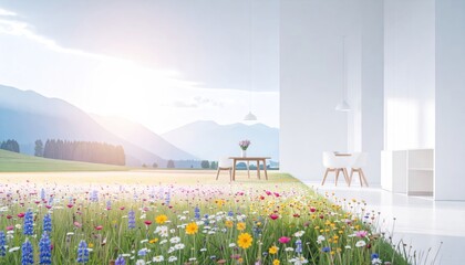 Obraz premium Flower Field Dining Room with Mountain View