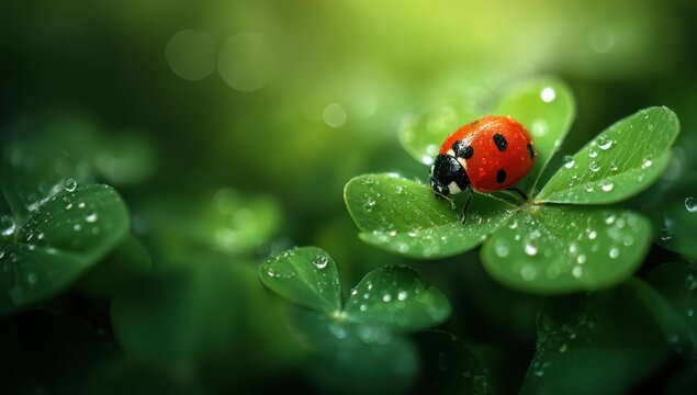Close-Up of Ladybug on Dewy Green Clover Leaves in Natural Light - Powered by Adobe
