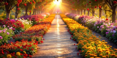 Fototapeta premium Sunlit Pathway Through Vibrant Floral Rows in a Picturesque Garden