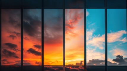 A series of six windows, each displaying a different sunset scene, are arranged in a grid.
