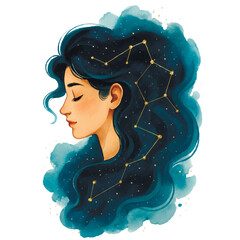Watercolor vector illustration of a serene woman with cosmic hair featuring constellations and stars, symbolizing the universe, dreams, and inner peace. Isolated design on white.