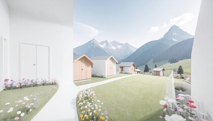 Mountain Landscape with Houses and Flowers