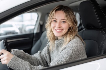 Happy woman smiling inside modern car while wearing cozy sweater
