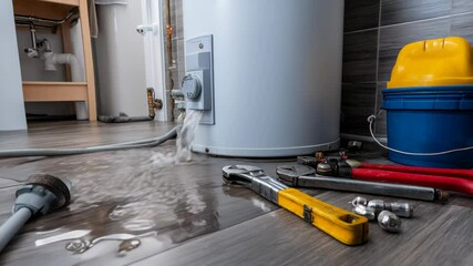 Leaking hot water tank with water damage on the floor, plumber tools, bucket and hardhat, home repair emergency situation