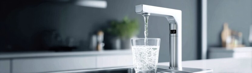 Modern Kitchen Faucet with Pouring Water into Glass on Countertop