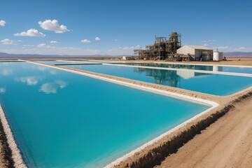 Vibrant turquoise salt flats reflecting clouds against a desert backdrop in a sunny landscape Generative AI