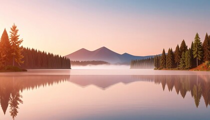 Lake and Forest with Mountains at Sunset Landscape