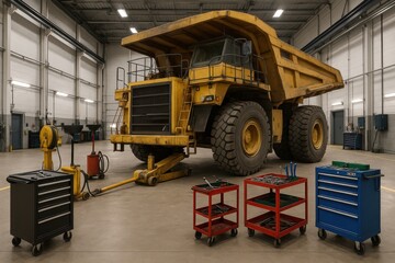 Massive yellow dump truck in a spacious workshop with tools ready for maintenance during the early evening hours Generative AI