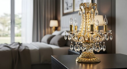 Ornate Crystal Table Lamp in Luxury Bedroom Interior | Golden Chandelier Lighting for Upscale Home Decor and Interior Design Marketing