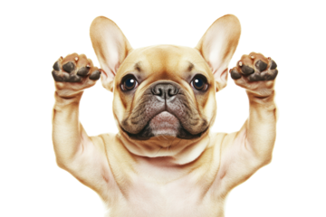 Playful Puppy Pose: This adorable French Bulldog puppy playfully raises its paws, showcasing its irresistible charm and lively spirit. Capturing pure joy and cuteness.