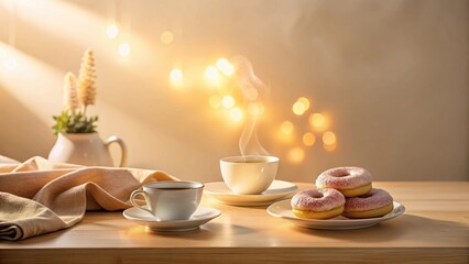 Fototapeta premium Warm Morning Glow A Serene Table Setting with Tea, Pastries, and Soft Light
