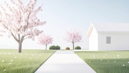 Spring Blossoms and House on Sunny Day