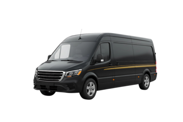A black cargo van with tinted windows isolated on transparent background 