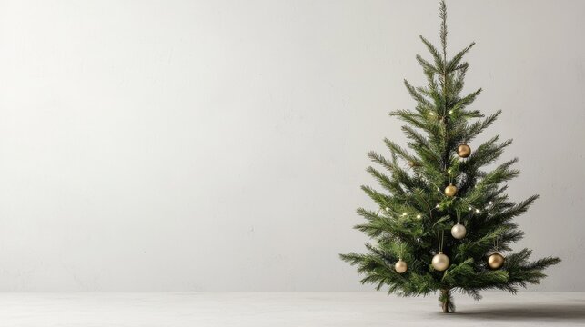 A small Christmas tree with gold ornaments and white lights.
