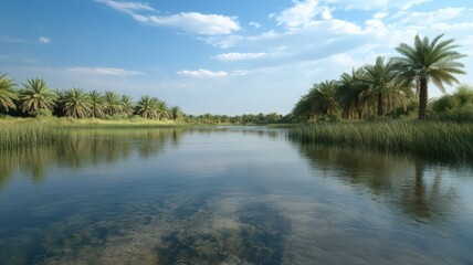 Fototapeta premium Scenic River Landscape with Palm Trees Green Vegetation and Clear Blue Sky Reflecting on The Waters Surface Under Daylight