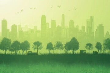 Green urban landscape with silhouettes of trees and vehicles against a city skyline backdrop