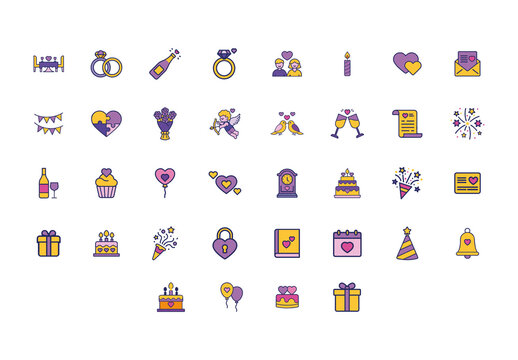 Purple And Yellow Wedding Party Celebration Icons Set
