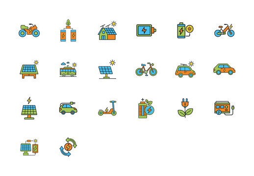 Colorful Renewable Electric Transport Power Solar Icons Set