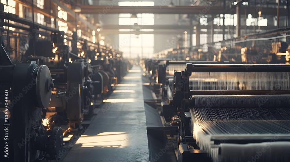 Aufkleber a factory with many machines and looms. scene is industrial and mechanical. the idea of the image is