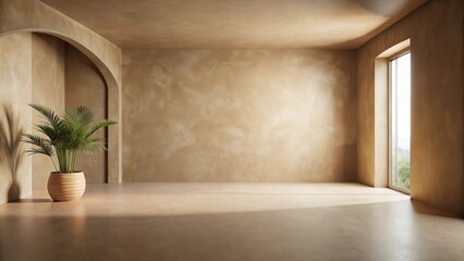 Fototapeta premium Serene Minimalist Interior Design with a Tropical Plant in a Potted Planter, Archway, and Sunlight Through a Window