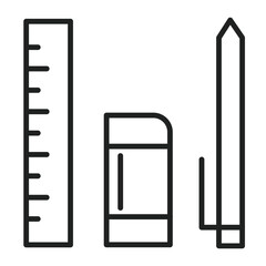 School supplies icon shows a ruler, an eraser and a pencil in simple black outline over a white background.