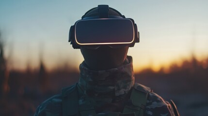 Soldier in Camouflage Uniform Wearing Virtual Reality Headset at Sunset with City Skyline in Background