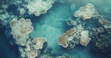 Patterns of bleached coral reefs in shallow water due to ocean warming. Birda??s-Eye View.