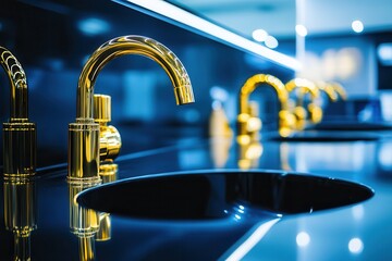 Modern kitchen featuring sleek gold faucets above black sinks with ambient lighting