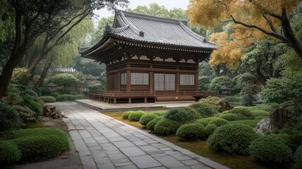 Fototapeta premium Serene Japanese Wooden Temple In Autumn Garden