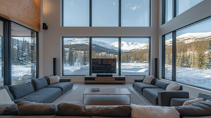 Modern mountain home living room with panoramic views