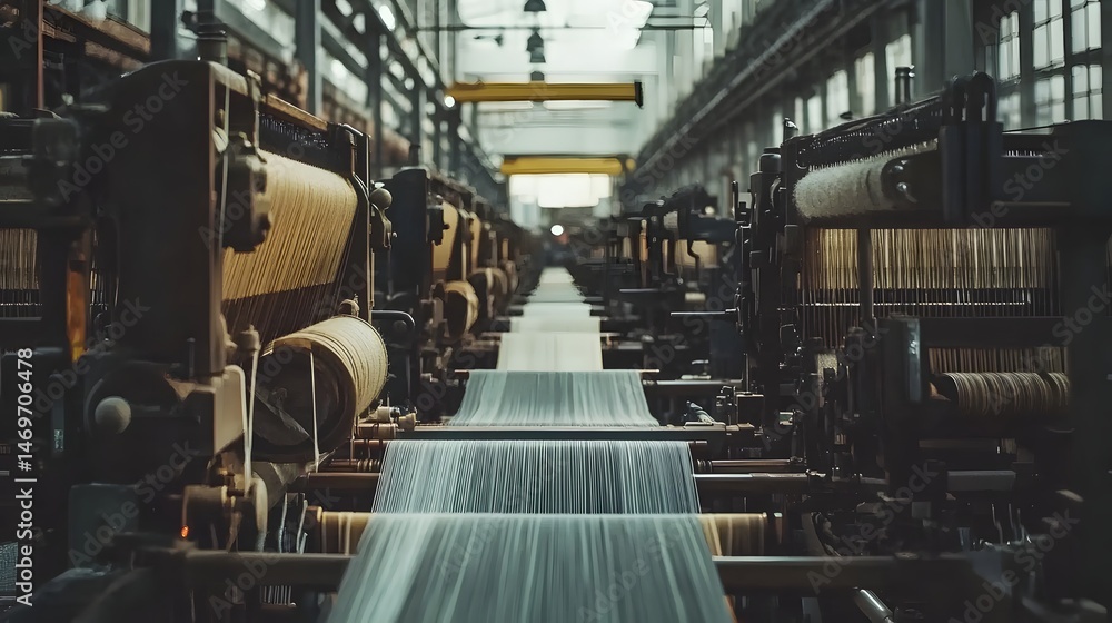 Poster a factory with many machines and looms. scene is industrial and mechanical. the idea of the image is