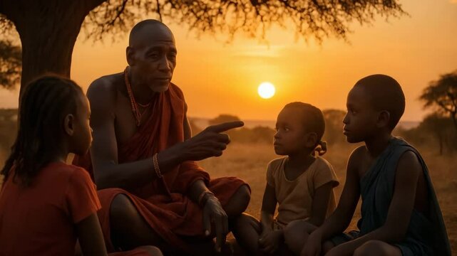 African storytelling sunset children education learning culture tradition wisdom knowledge 4k uhd video