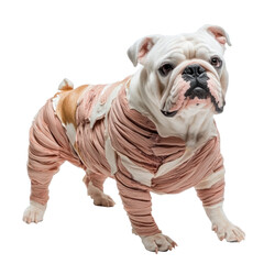 Wrapped and Ready: An english bulldog, its distinctive features enhanced by a meticulous wrapping, stands poised. The image exudes a unique blend of comfort and anticipation. 