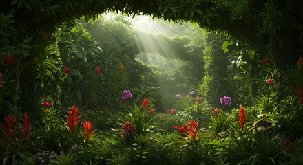 Lush Green Jungle with Bright Flowers
