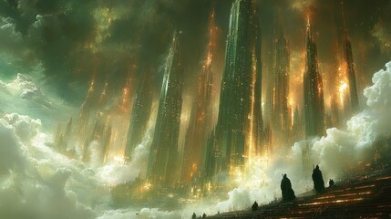 Futuristic city hovering above clouds