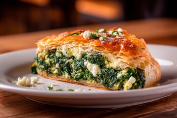 A slice of warm spinach pie reveals a flaky pastry crust filled with spinach and cheese, served on a white plate in an inviting restaurant. The ambiance is warm and inviting