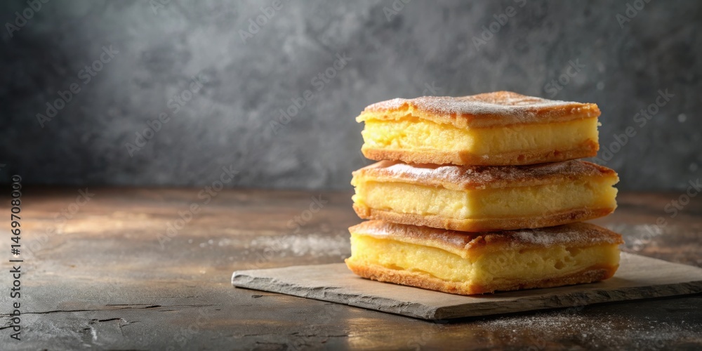 Poster A delightful stack of golden-brown pastries, delicately dusted with powdered sugar, rests on a dark slate, creating a tempting visual treat against a subtly textured backdrop.