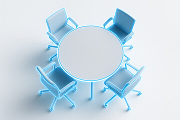 Fototapeta premium 白背景に青い光線で縁取られた円卓と椅子の会議スペース構成