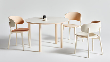 A white and tan set of chairs and a round table are arranged in a room