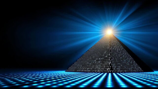 Digital pyramid with glowing binary code and bright light shining technology in dark space