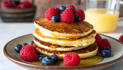 Golden Pancakes with Berries and Syrup