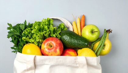 Fresh Produce in a Beige Tote Bag on Gray Background