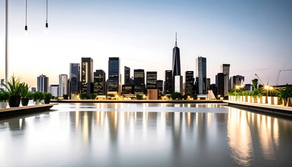 Fototapeta premium City Skyline View From Balcony Reflecting in Water