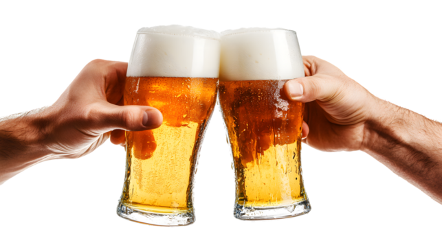 Celebratory Hands Toasting Beer Glasses Isolated on Transparent Background