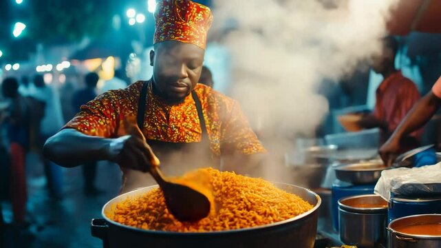A chef expertly prepares a vibrant dish at a bustling street food market, showcasing the rich flavors of local cuisine.