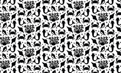 Sea Abstract Underwater Plants Shapes Silhouette Pattern, Coral Reef Plants, Different Types Of Marine Flora Decorative Elements, Abstract Sea Shells, Starfish.