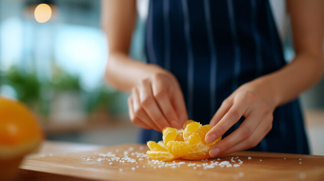 A person peeling an orange in a cozy kitchen at midday - Powered by Adobe