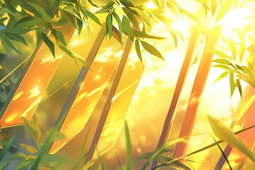 Sunlight filtering through bamboo leaves, casting warm reflections on a serene garden scene