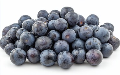 Dark purple grapes clustered together on a white background.