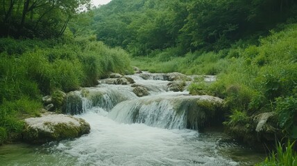 Serene Stream Flowing Over Rocks in Lush Green Forest